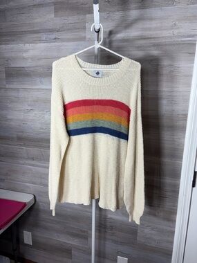 Cream Scoop-Neck Sweater with Rainbow Chest Stripes 2122